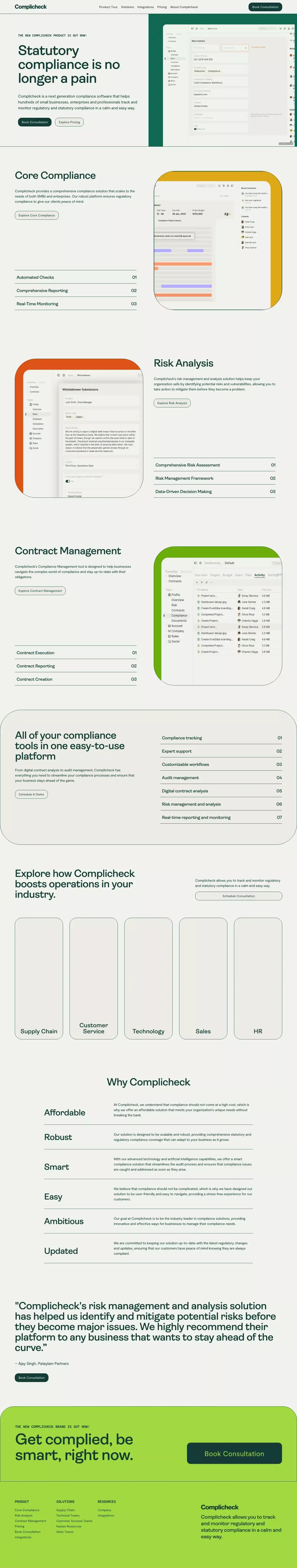 Complicheck - India's leading compliance landing page screenshot showcasing Tech and Finance design