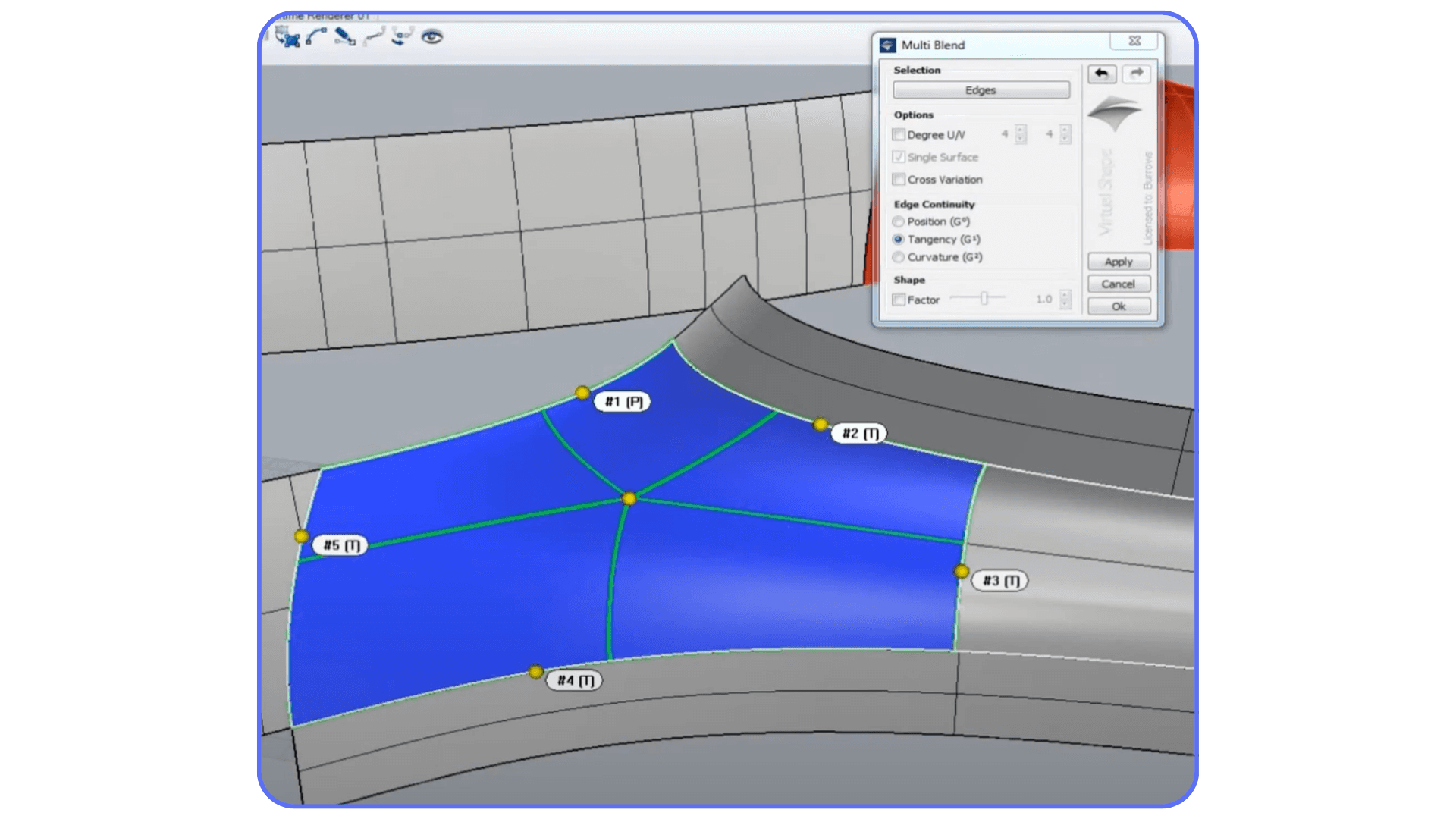 Using the Multi Blend surface tool in Rhino 3D to create smooth transitions between curved surfaces