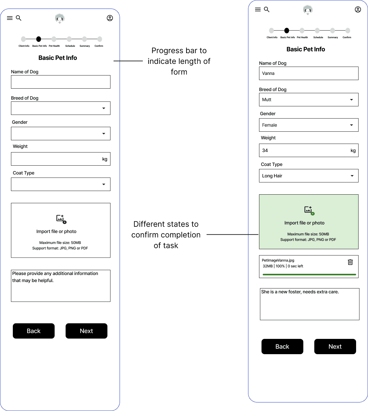 low-fidelity booking flow for a service, likely related to dog grooming based on your previous context. It outlines step-by-step screens guiding users through the booking process. Key elements include:  User Input Forms: Users are prompted to provide necessary details, such as location, service type, and preferences, with clear guidance and field validation.  Progressive Navigation: A consistent and mobile-friendly design ensures the process is smooth across devices, minimizing friction for the user.  Confirmation Page: A clear success message or checklist validates the user's booking, offering reassurance.  Accessibility & Clarity: Features like default lists, dropdowns, and pre-populated fields reduce cognitive load, making the process intuitive.