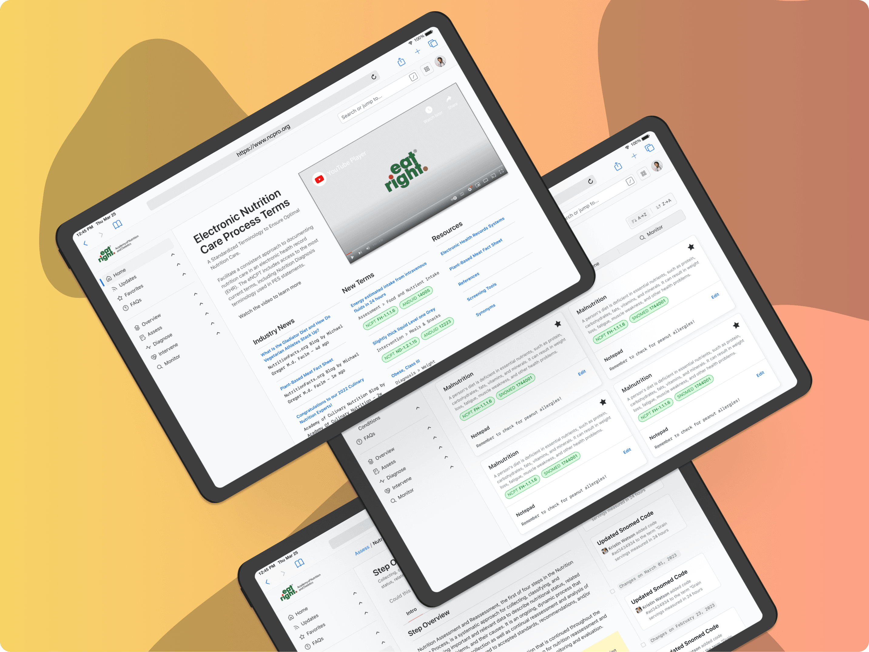 Three tablet screens showing various functionalities of the eNCPT application, including nutritional care plans and patient assessments with an orange background.