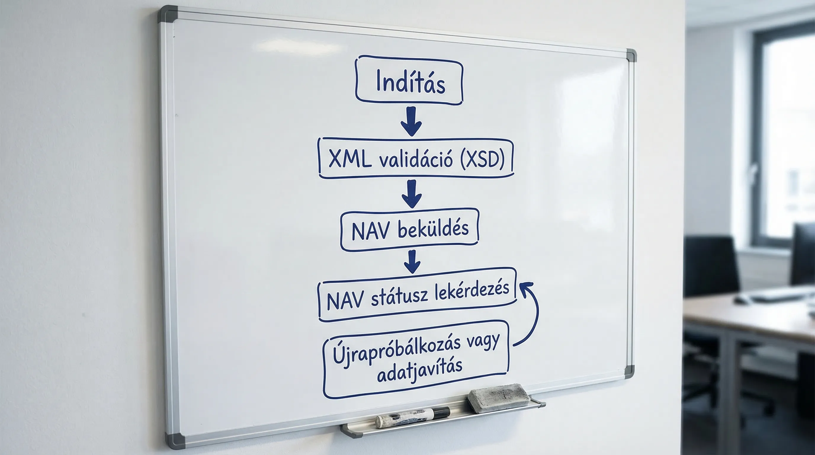 Simple troubleshooting flowchart: Start -> XML validation (XSD) -> Submit to NAV -> Check NAV status -> Retry or correct data, five boxes, with arrows.