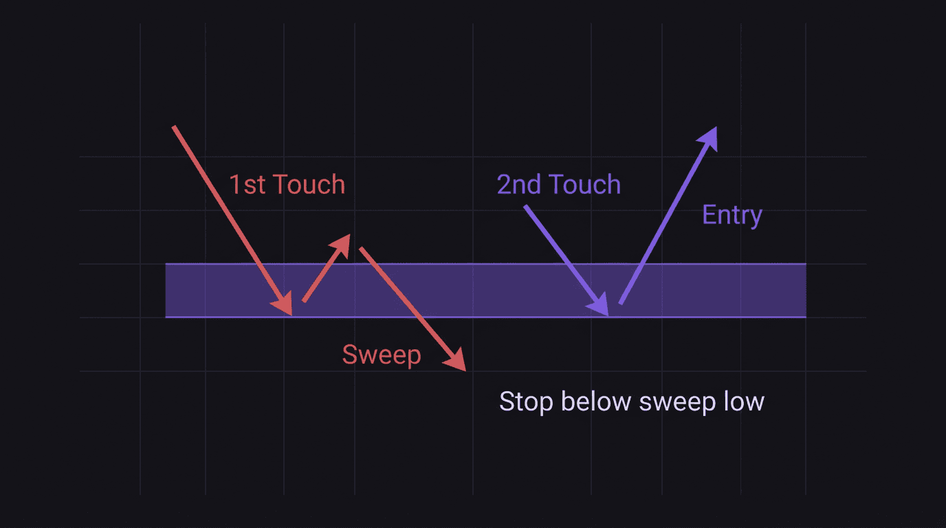 Diagram showing price visiting a demand zone twice, with the first touch failing and the second producing a valid entry