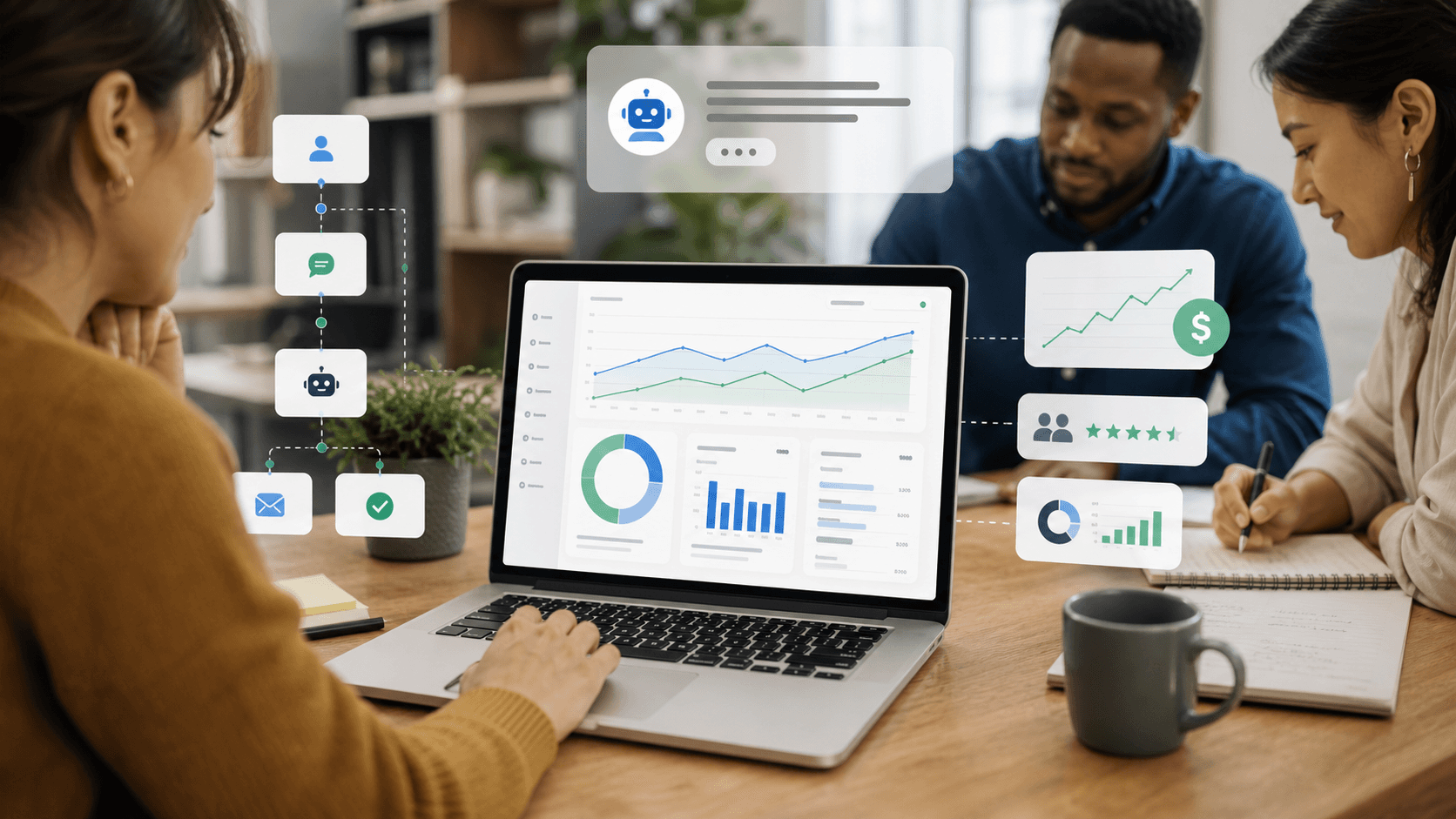 Small business team reviewing AI agent ROI metrics and automation workflow dashboard