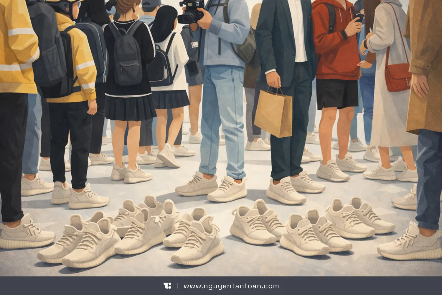 Sneaker xuất hiện đồng loạt trong không gian đông người, thể hiện việc sneaker trở thành biểu tượng thời trang đại chúng của giới trẻ Việt Nam