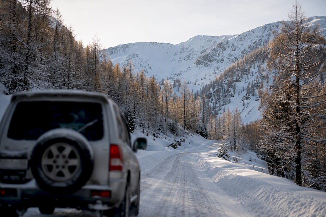 Snow-covered road through the Western Altai mountains