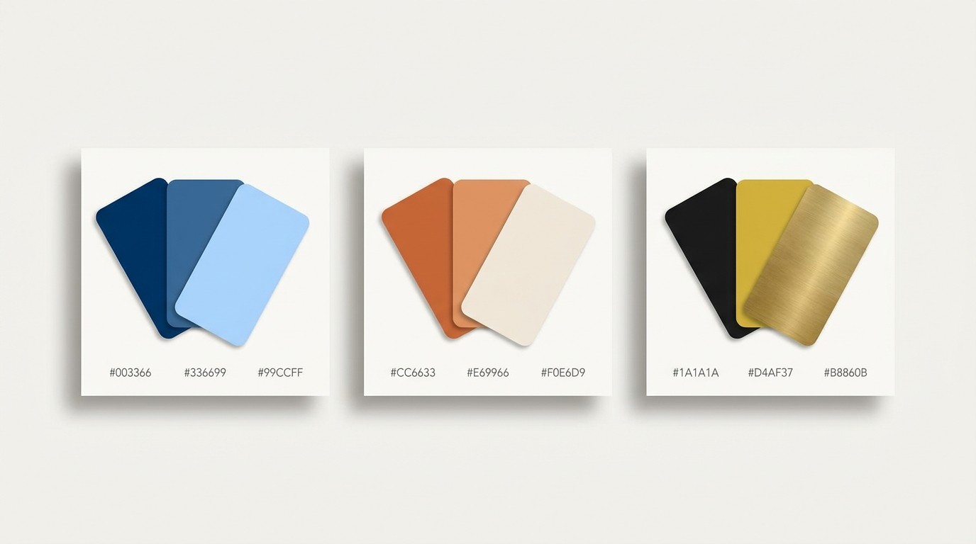 Drei Farbschema Karten nebeneinander, links eine kühle Blau Palette, in der Mitte eine warme Erdton Palette und rechts eine elegante Schwarz Gold Kombination