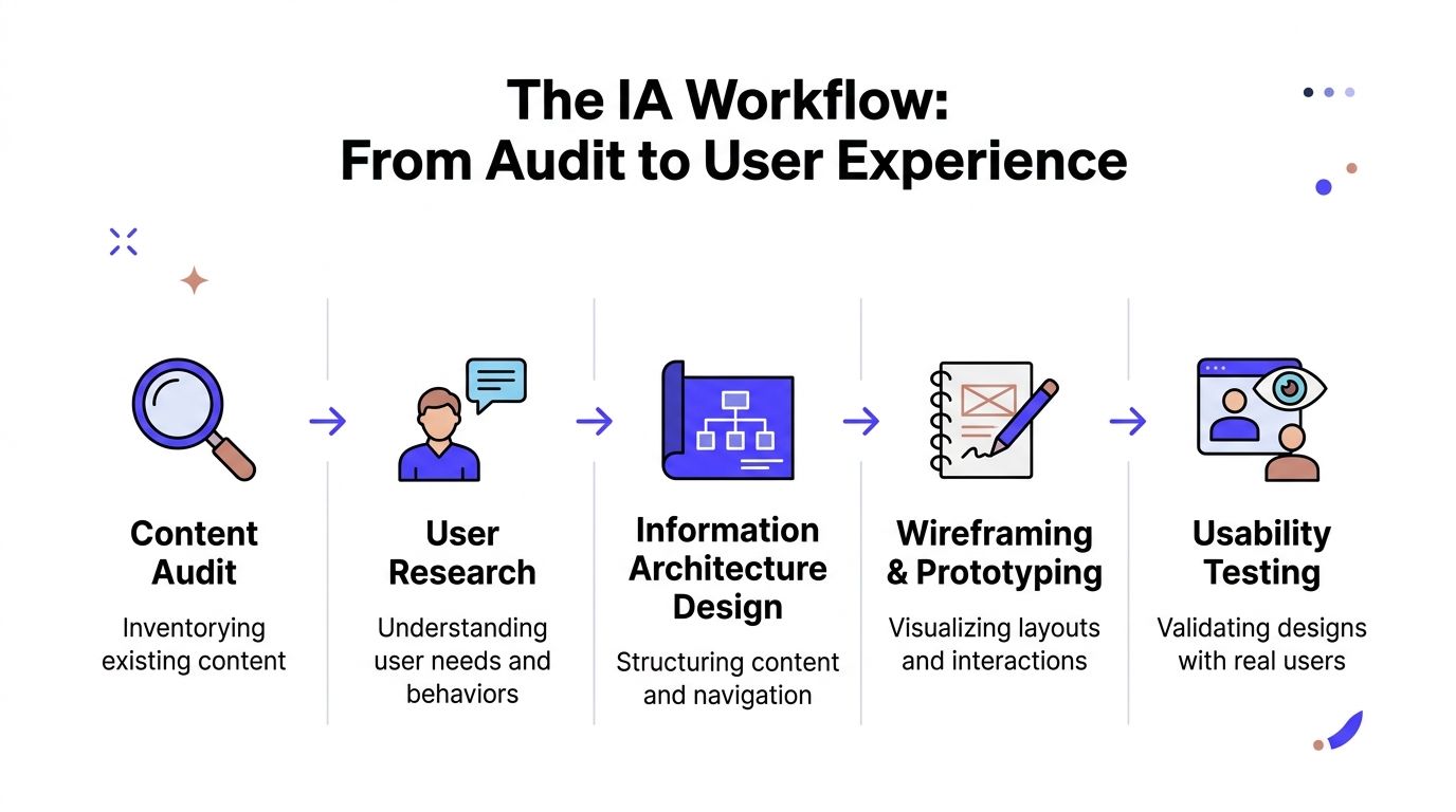 A diagram illustrating the information architecture workflow from content audit to usability testing for web design.