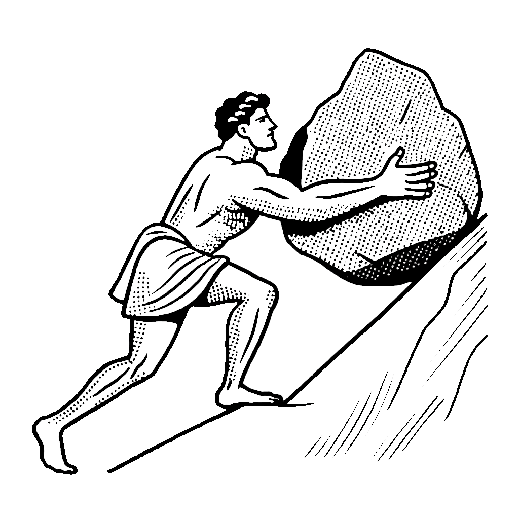  Illustration of a Greek figure pushing a boulder uphill, symbolizing determination, ownership, and the drive to create excellence — a core Tenkara value.