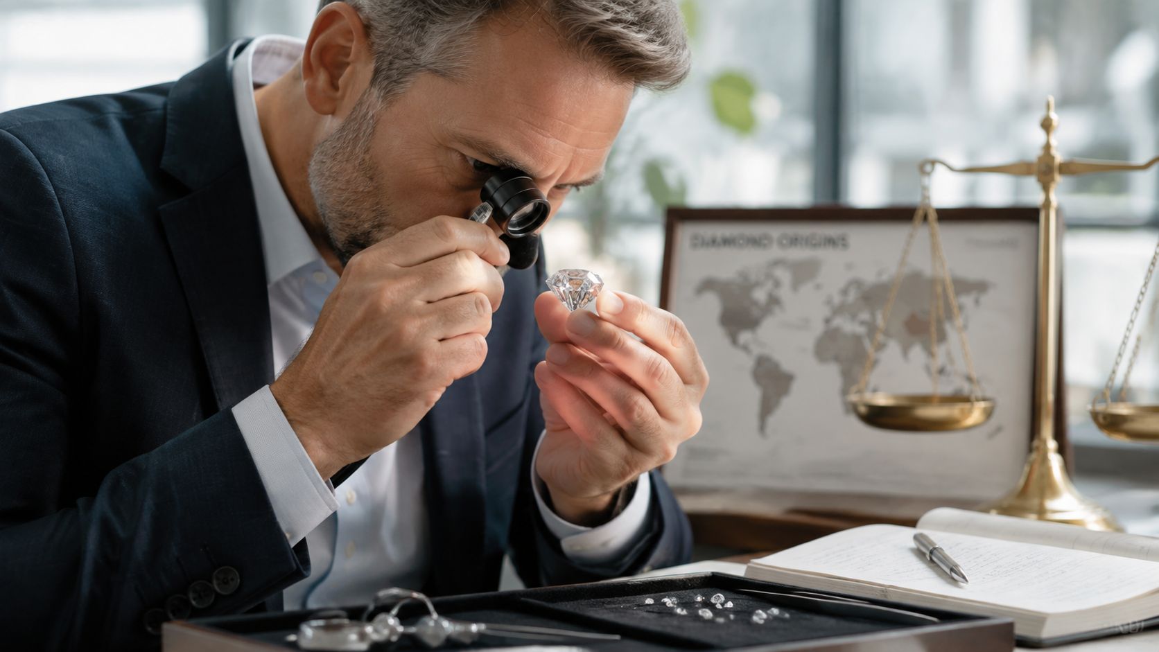 A professional jeweler meticulously examines a sparkling diamond using a magnifying loupe in his office workspace.