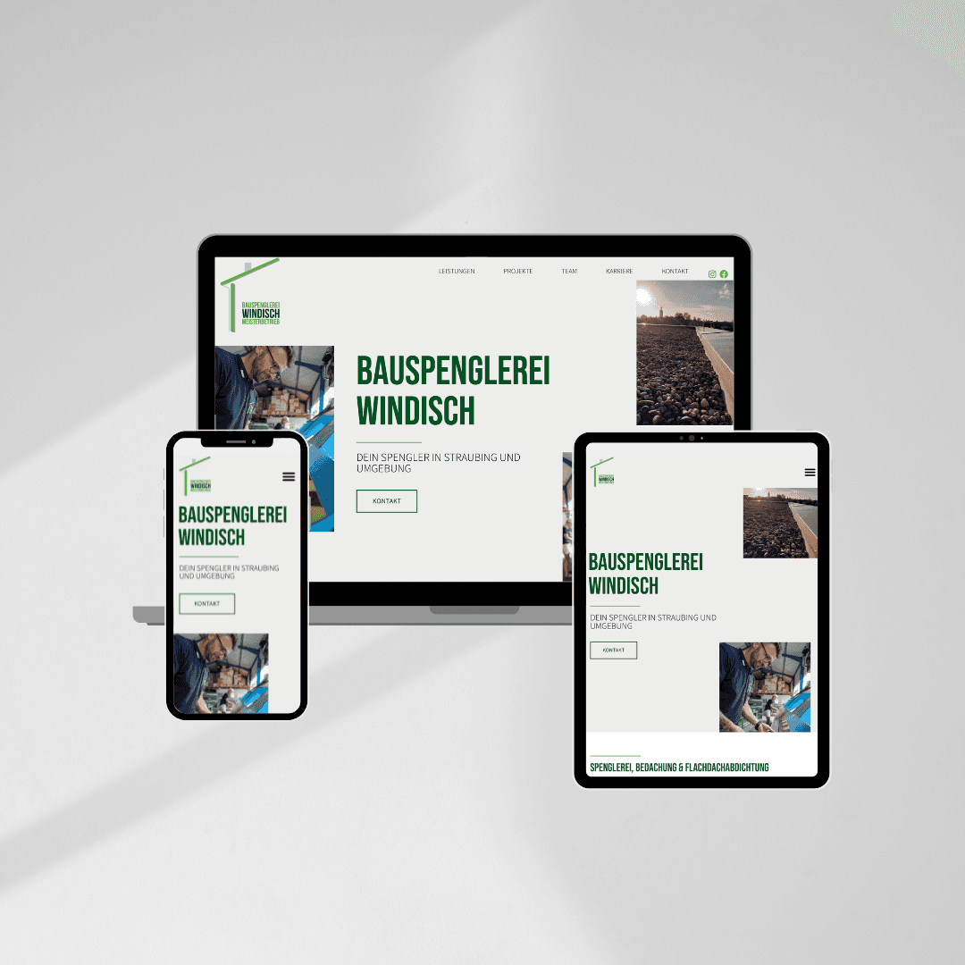 mockup mit laptop, ipad und iphone auf einem grauen hintergrund, sichtbar ist eine regionale website bauspenglerei windisch aus straubing, gemacht von ohnord studio