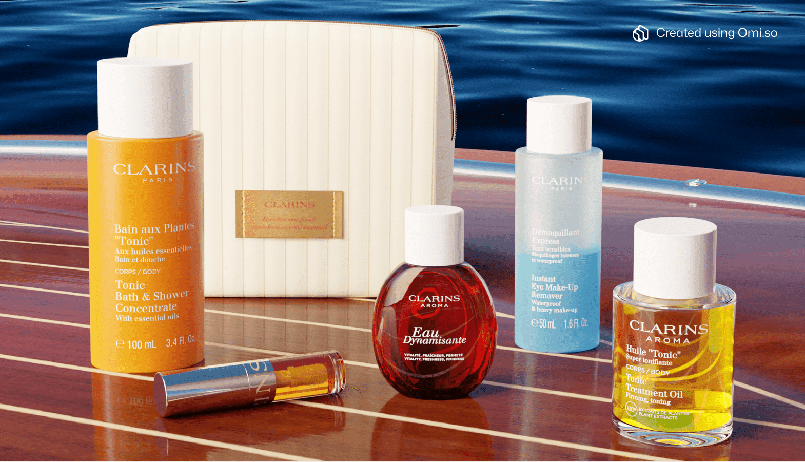Digital Twin photo of Clarins cosmetics items on lacquered wood on a boat