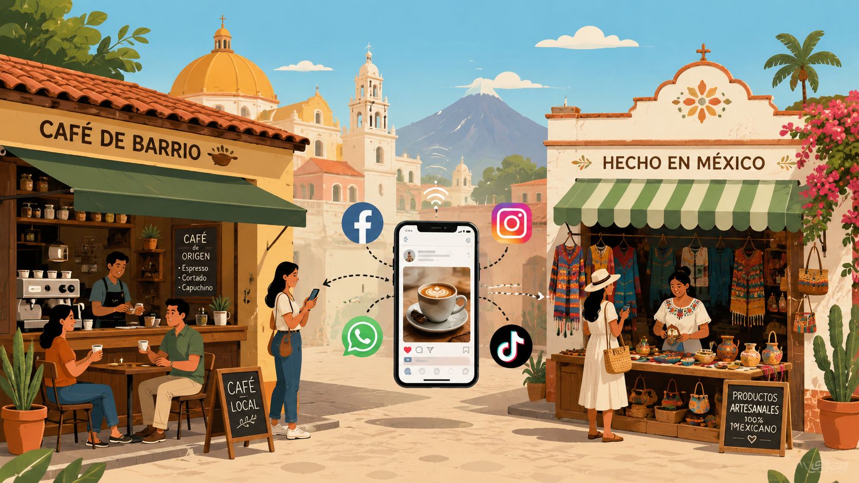 Una ilustración que muestra la conexión digital entre un café local, artesanías mexicanas y redes sociales populares.