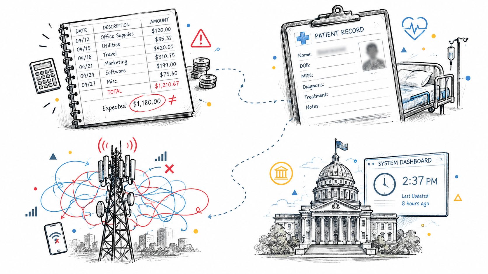 A hand-drawn illustration depicting the consequences of poor data quality in medical, financial, and infrastructure systems.