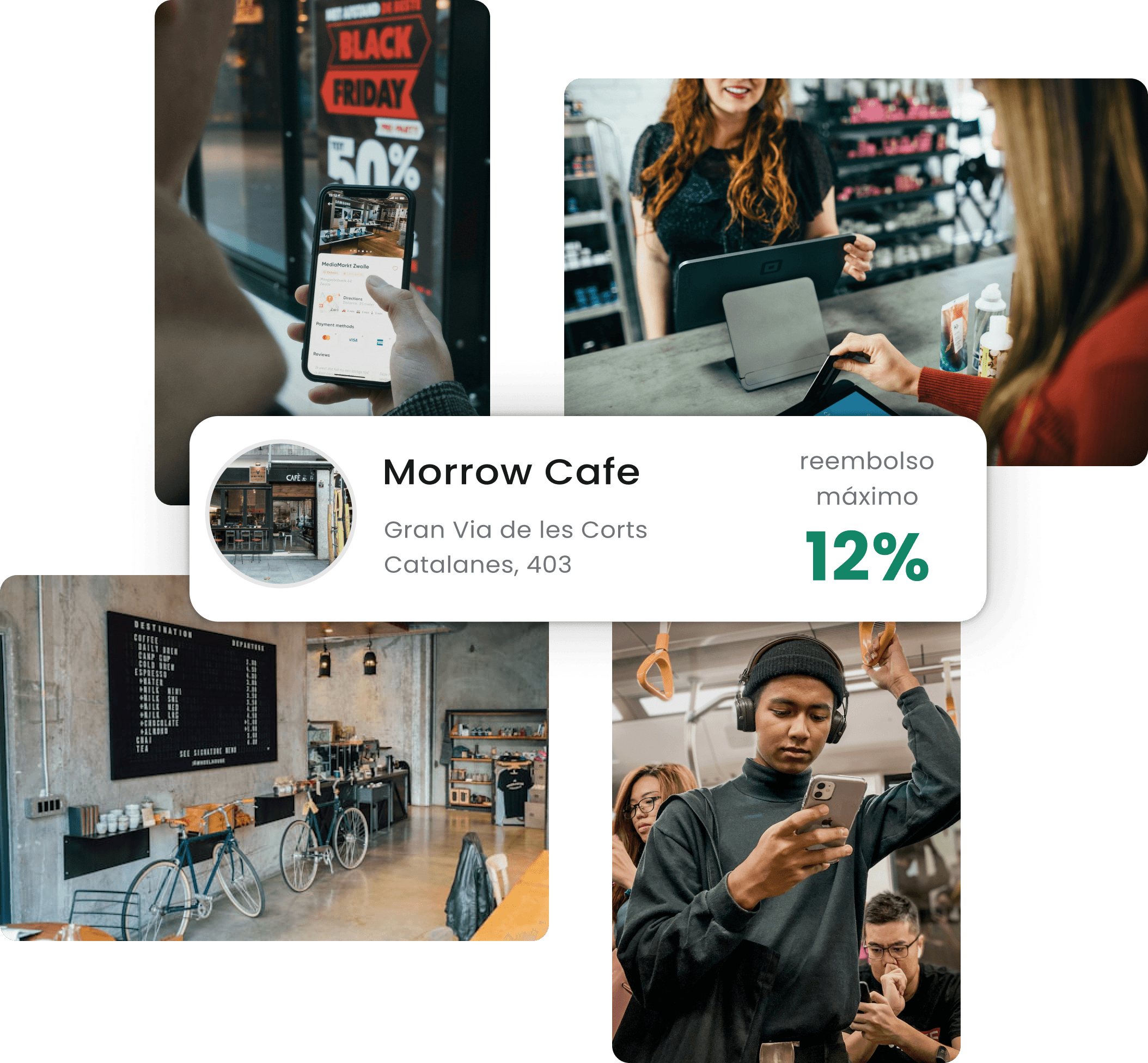 Un collage de cuatro fotos que muestran un café. En una imagen, una persona está usando un teléfono móvil que muestra un descuento del 50% por Black Friday. Otra muestra a una mujer detrás del mostrador con una tableta. La tercera imagen retrata el interior de un café moderno y elegante, con bicicletas apoyadas contra la pared, y la cuarta muestra a un hombre absorto en su teléfono. El café se llama "Morrow Cafe" y ofrece un cashback del 12%.