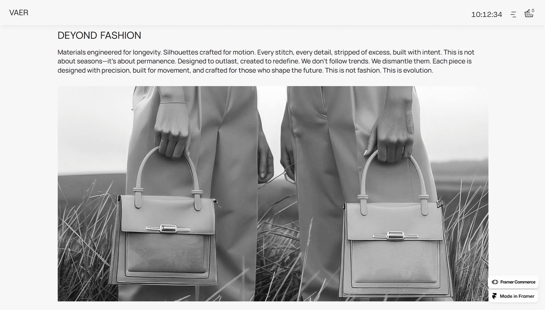 "Beyond Fashion" section text focusing on longevity over trends. The accompanying image shows the lower bodies of two models standing in grass, holding identical structured handbags.