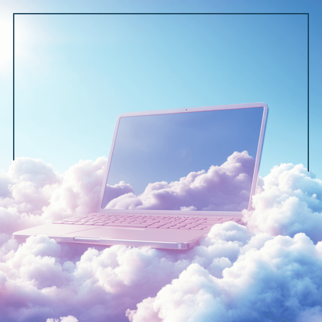 Ein Laptop umringt von Wolken in einem blauen Himmel 