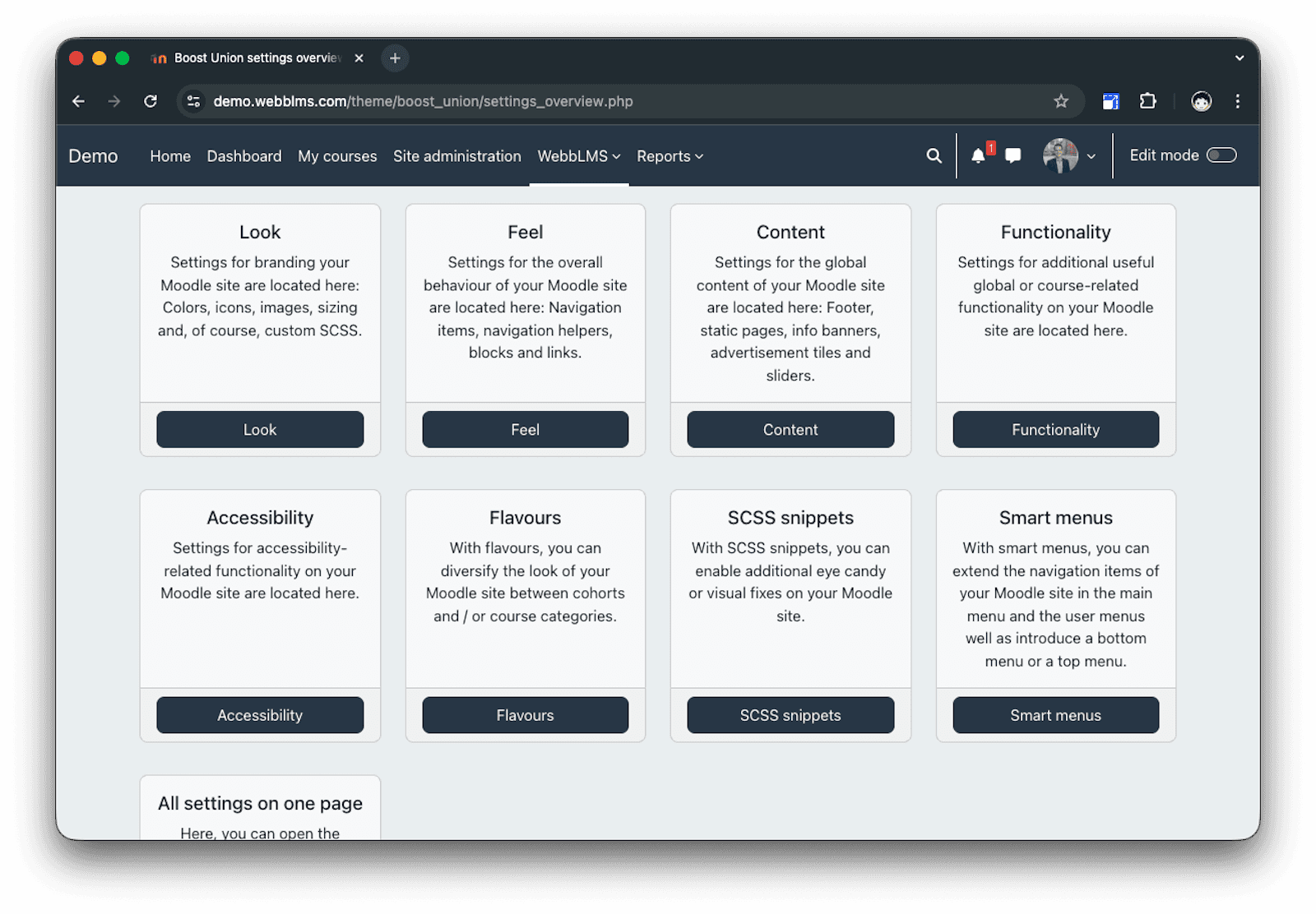 The WebbLMS administrative "Settings Overview" page, showing simplified blocks to manage Look, Feel, Accessibility, and Smart Menus without coding.