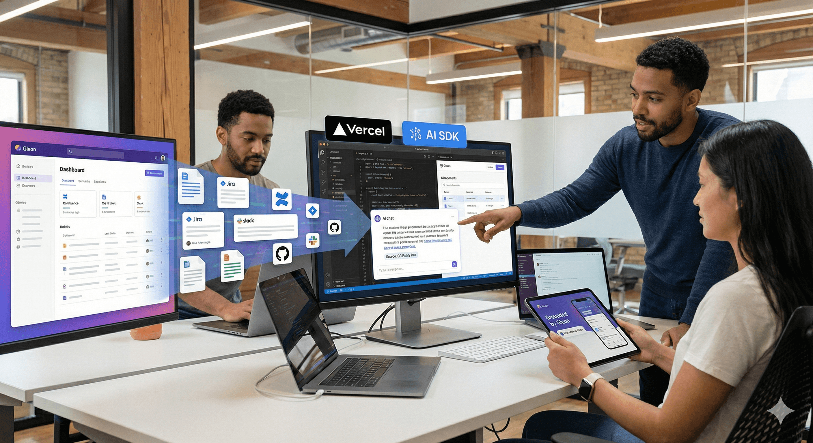 A team of professionals collaborates in a modern office space, using multiple computer screens displaying software dashboards and coding interfaces, prominently featuring logos of Glean and Vercel.
