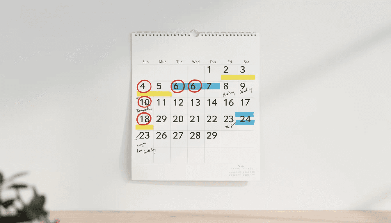 The image depicts a wall calendar with several dates highlighted, possibly indicating important deadlines related to IRA beneficiary rules, such as required minimum distributions or specific dates for taking distributions from inherited IRA assets. The calendar serves as a reminder for account holders and beneficiaries to manage their retirement accounts effectively.