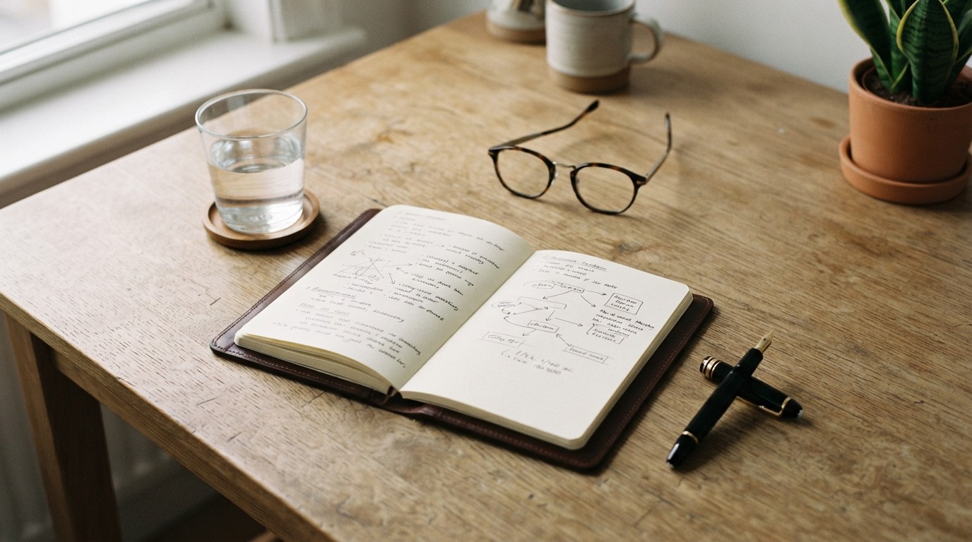 An organized and clean professional workspace on a wooden desk