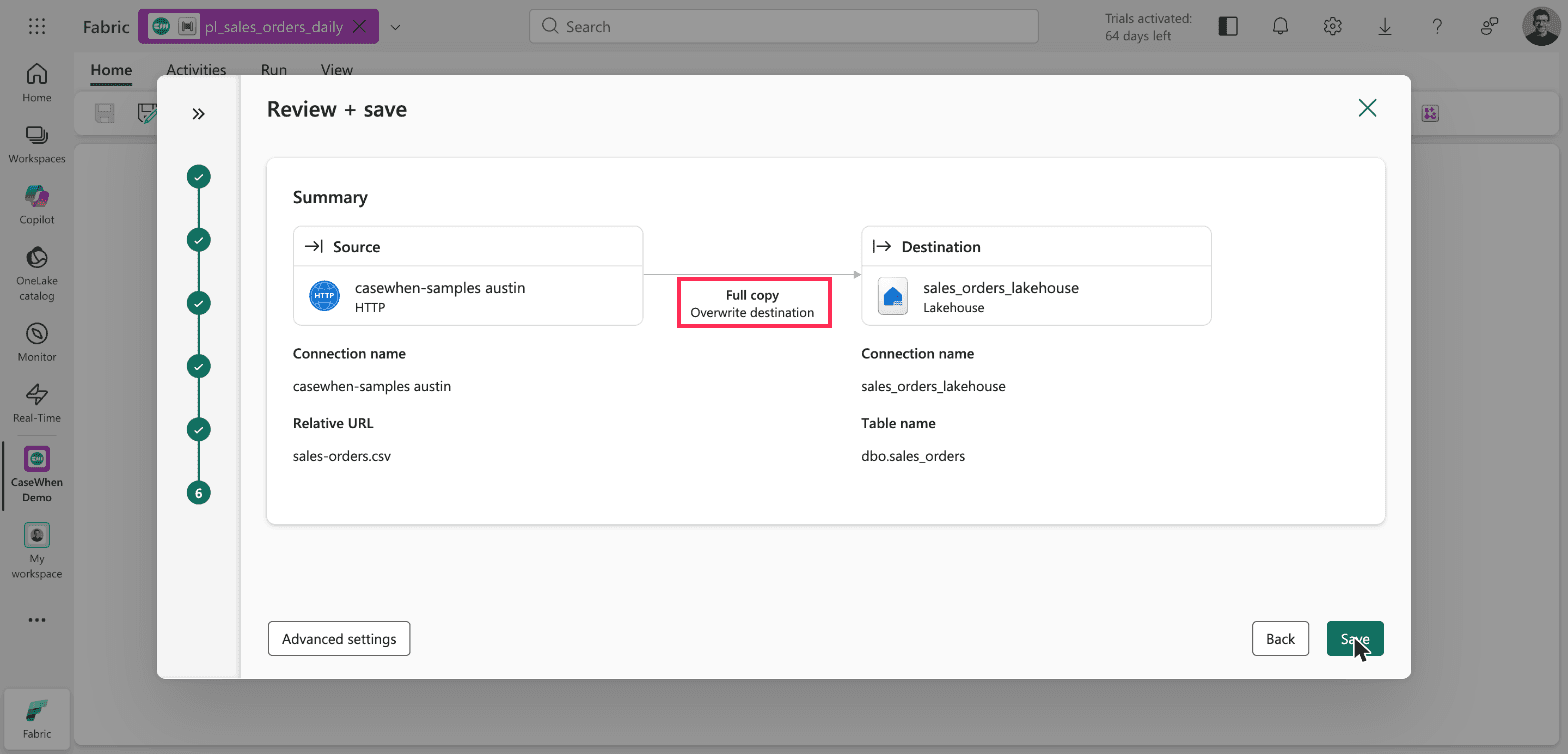 Review and save summary showing the HTTP source casewhen-samples, the lakehouse destination sales_orders_lakehouse, and the label Full copy, Overwrite destination between them, outlined