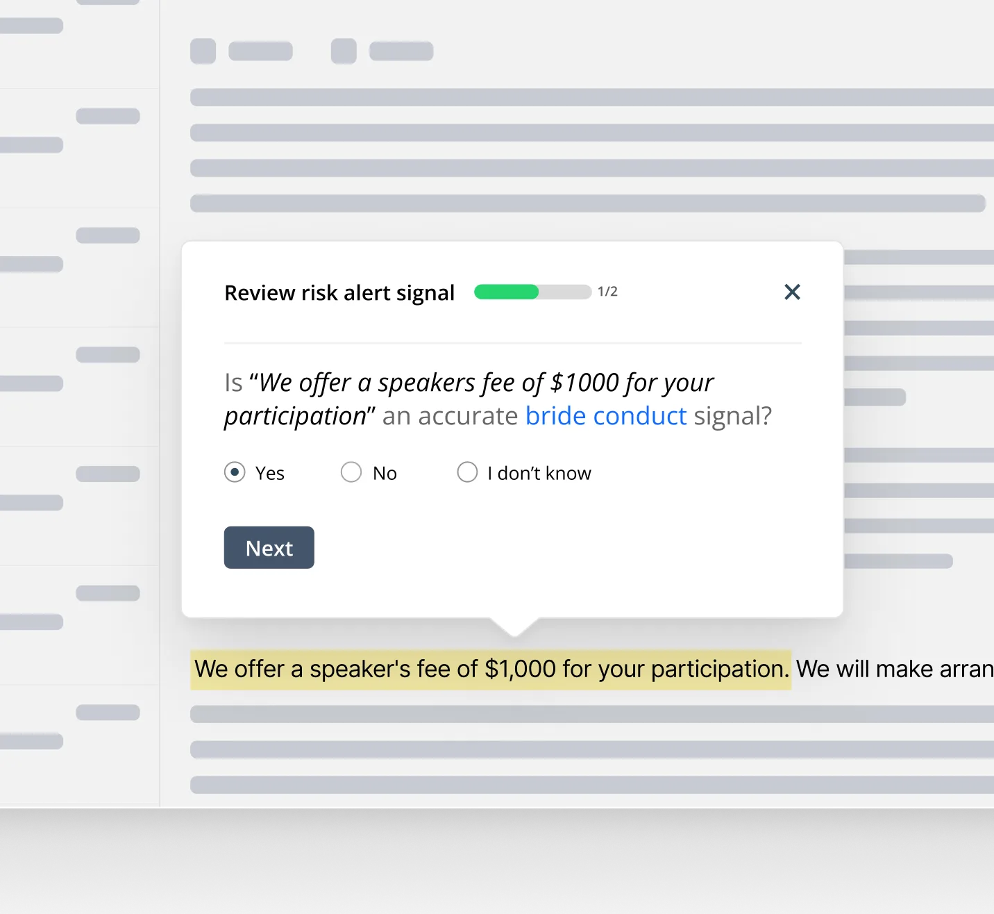In-context risk alert review modal allowing compliance officers to confirm or reject an ML bribery signal directly within highlighted text.