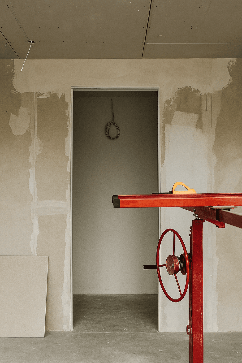 Une pièce partiellement construite avec des cloisons sèches beiges et un sol en béton nu. Un outil rouge à manche circulaire se trouve au premier plan, évoquant une scène de travail en cours.