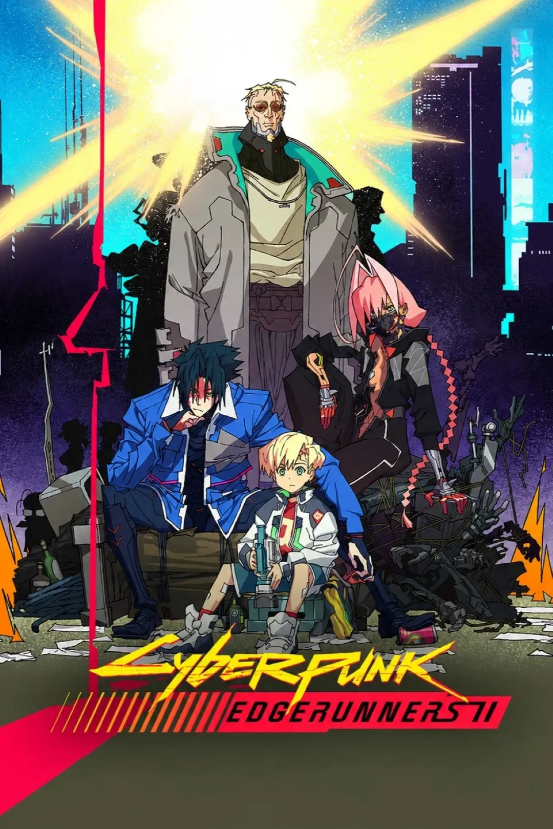 The image features a dynamic anime artwork showcasing five futuristic characters in a cyberpunk cityscape, with neon lights and towering skyscrapers, highlighting themes of technology and rebellion.