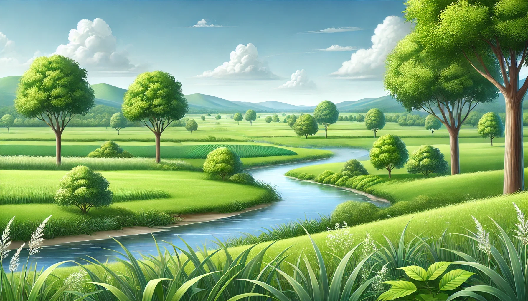 Calming green landscape with a winding river, providing a peaceful background for study concentration