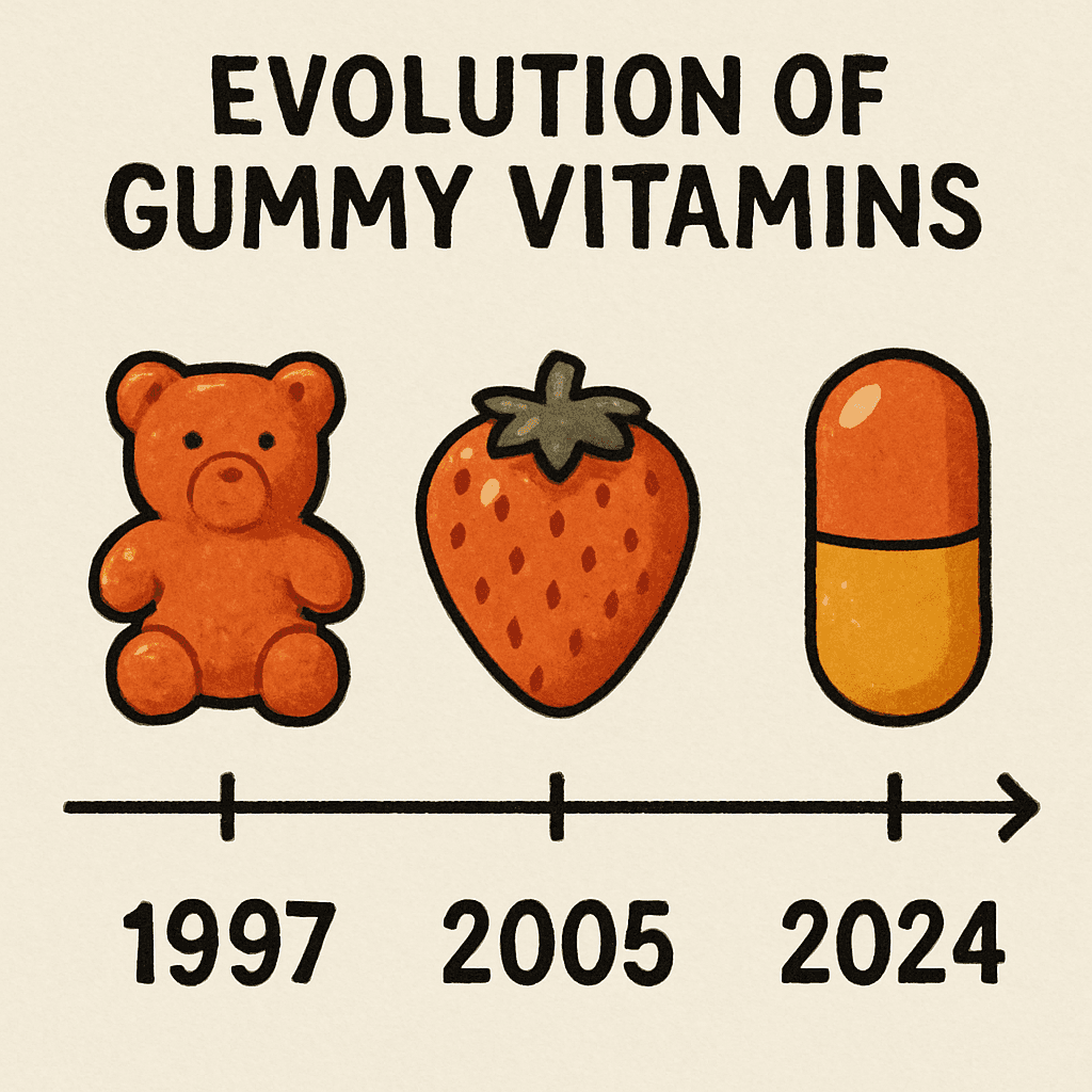 A timeline depicting the evolution of gummy vitamins
