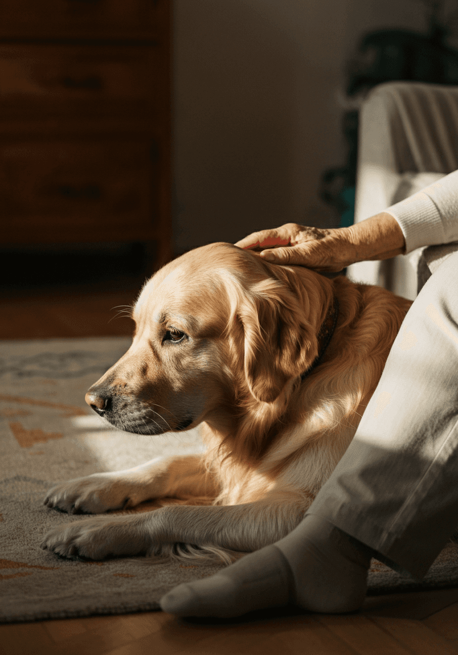 Golden retriever dog is being petted by a person. The dog is lying down, enjoying the human interaction.
