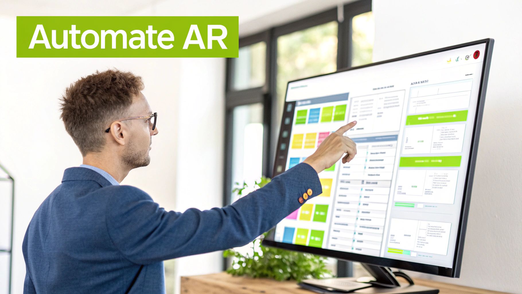 A man in a suit points at a large monitor displaying an 'Automate AR' dashboard, showcasing business automation.