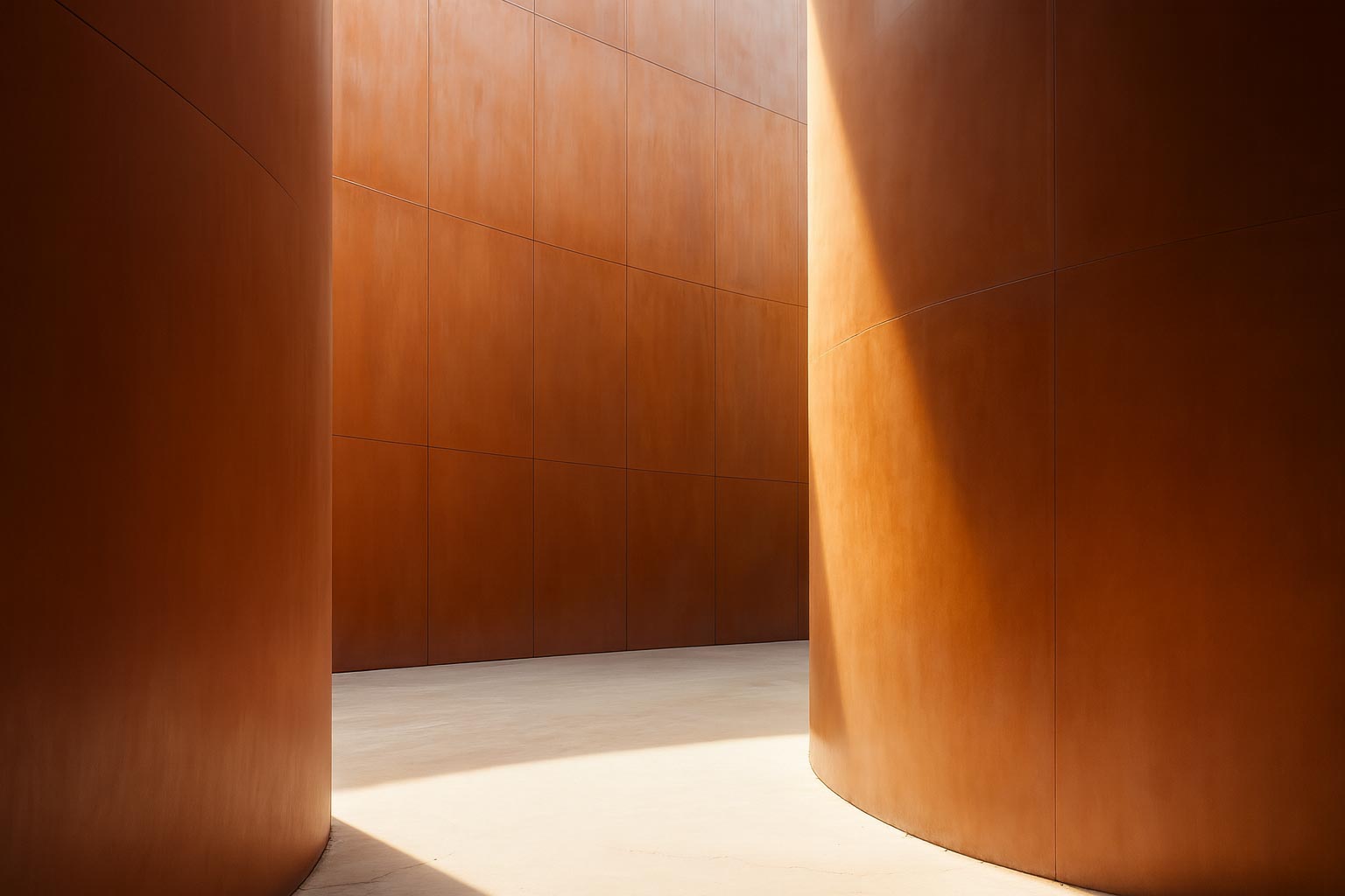 Minimalist passageway with tall curved rust-colored metal walls and dramatic sunlight shadows.