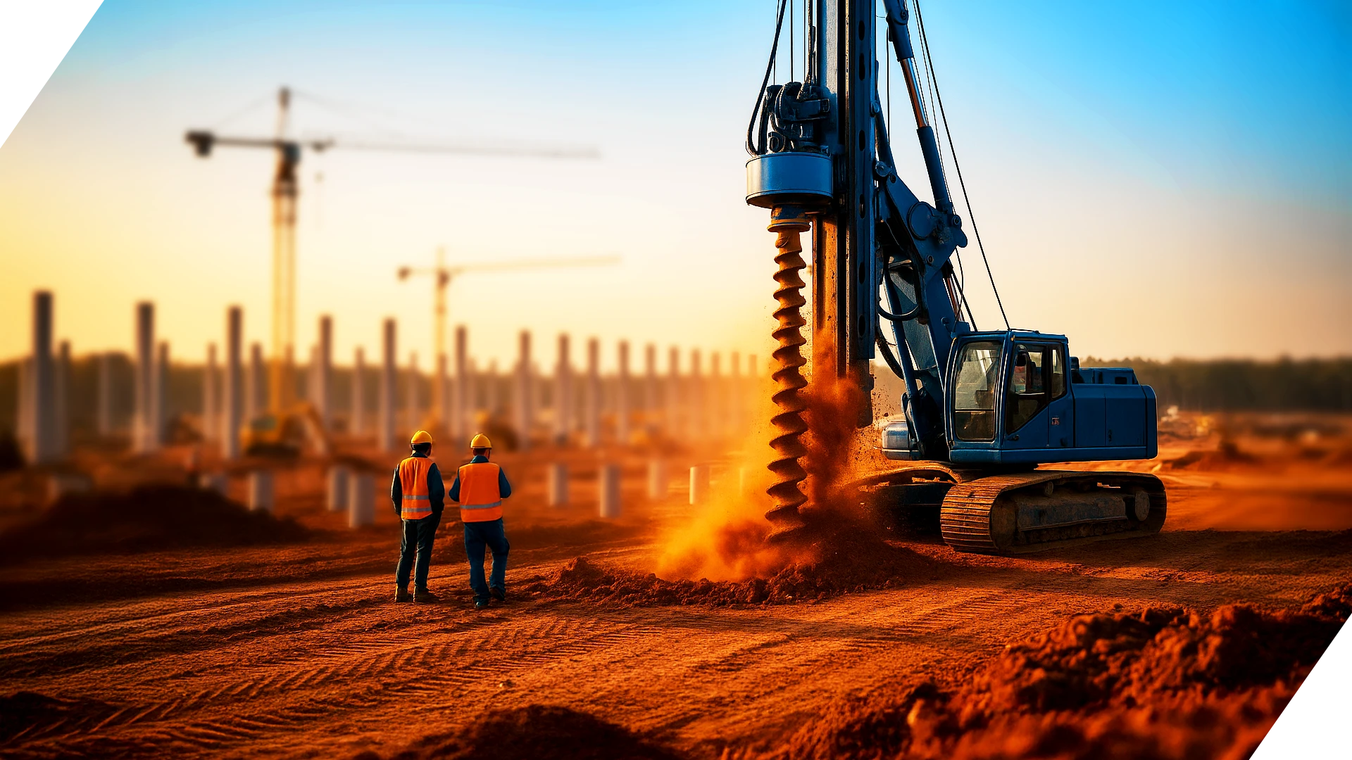 Execução de estaca com equipamento de perfuração em canteiro de obras, acompanhada por equipe técnica de engenharia de fundações.
