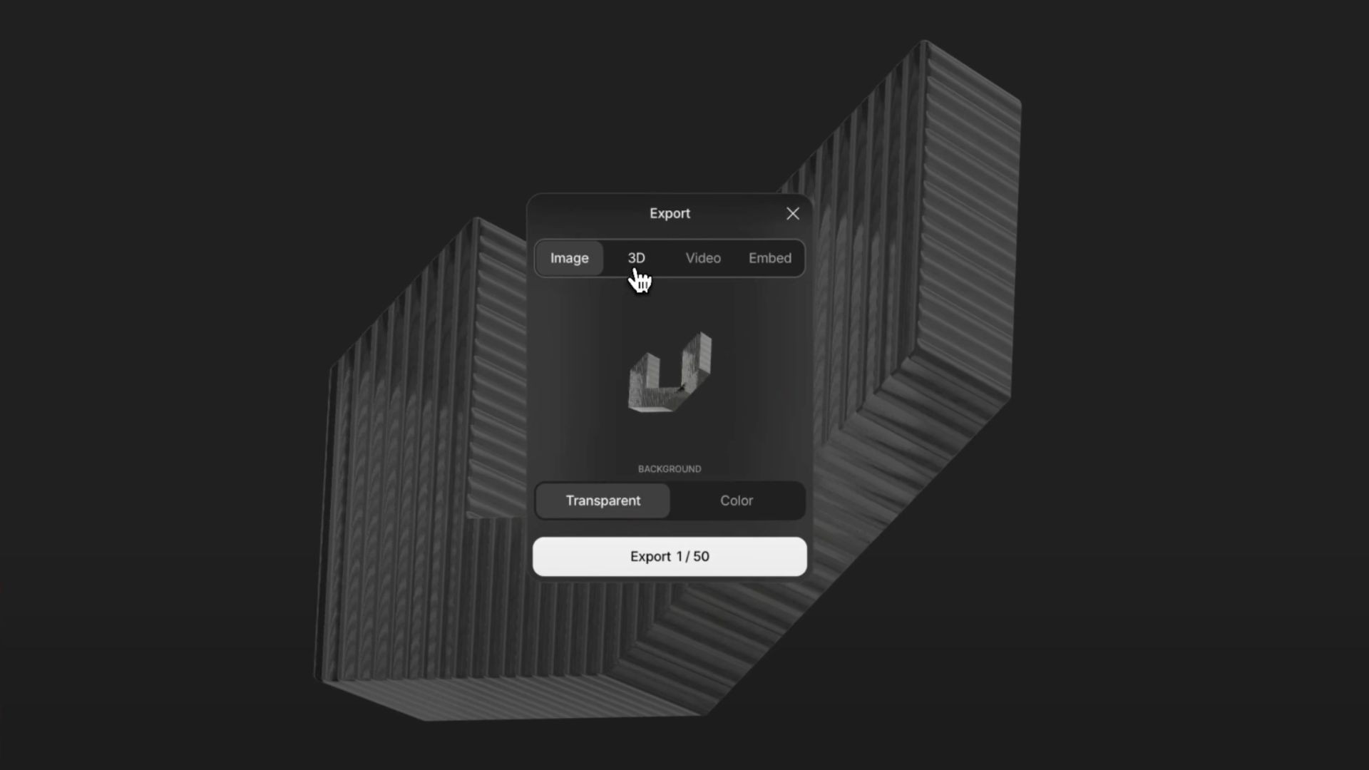 A user interface displaying options to export content as Image, 3D, Video, or Embed. The interface is set in a 3D-rendered dark container showing a letter 'U'