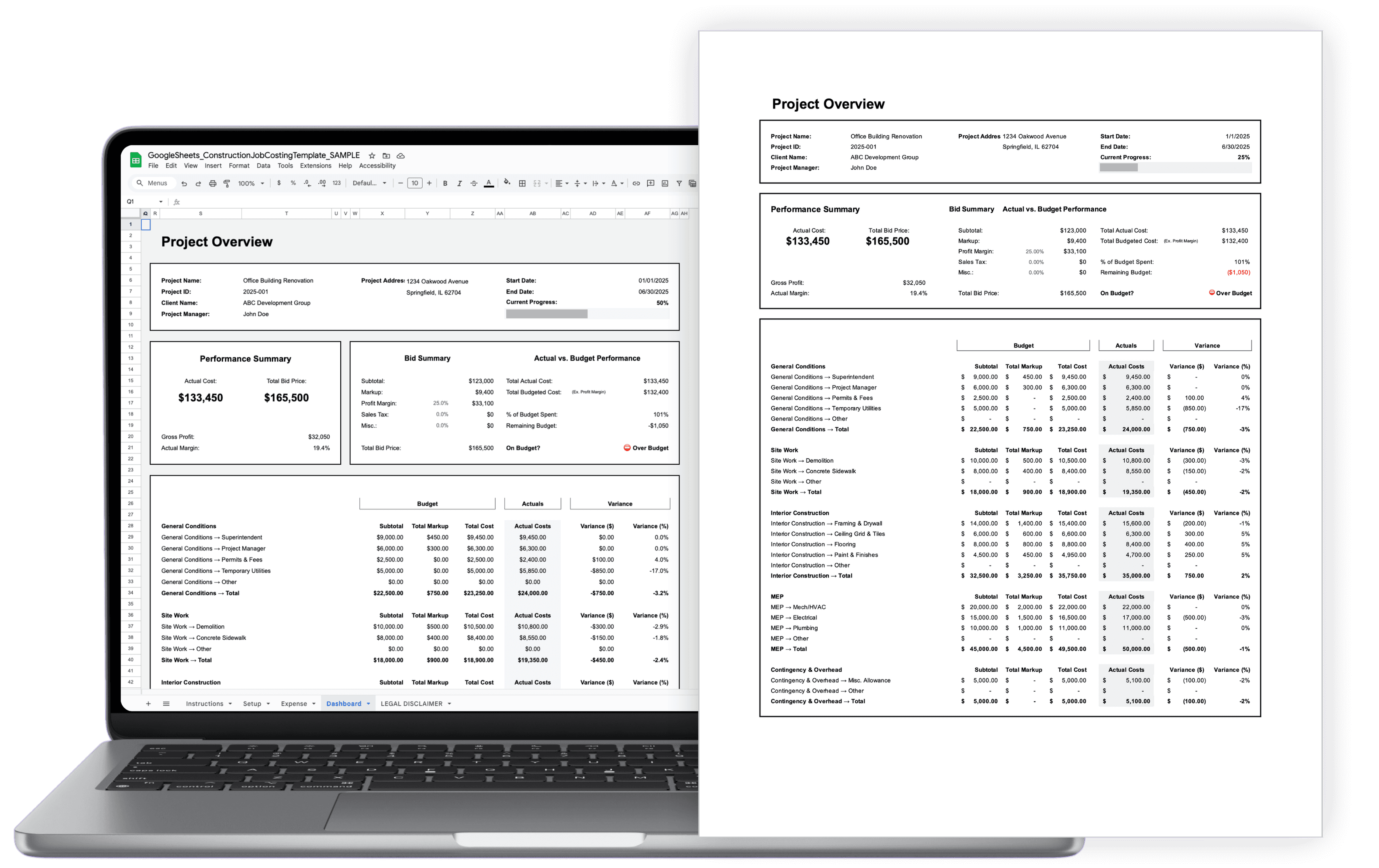 Construction job costing tracker dashboard in Google Sheets on laptop – actual vs budget, variance analysis, and profit margin overview