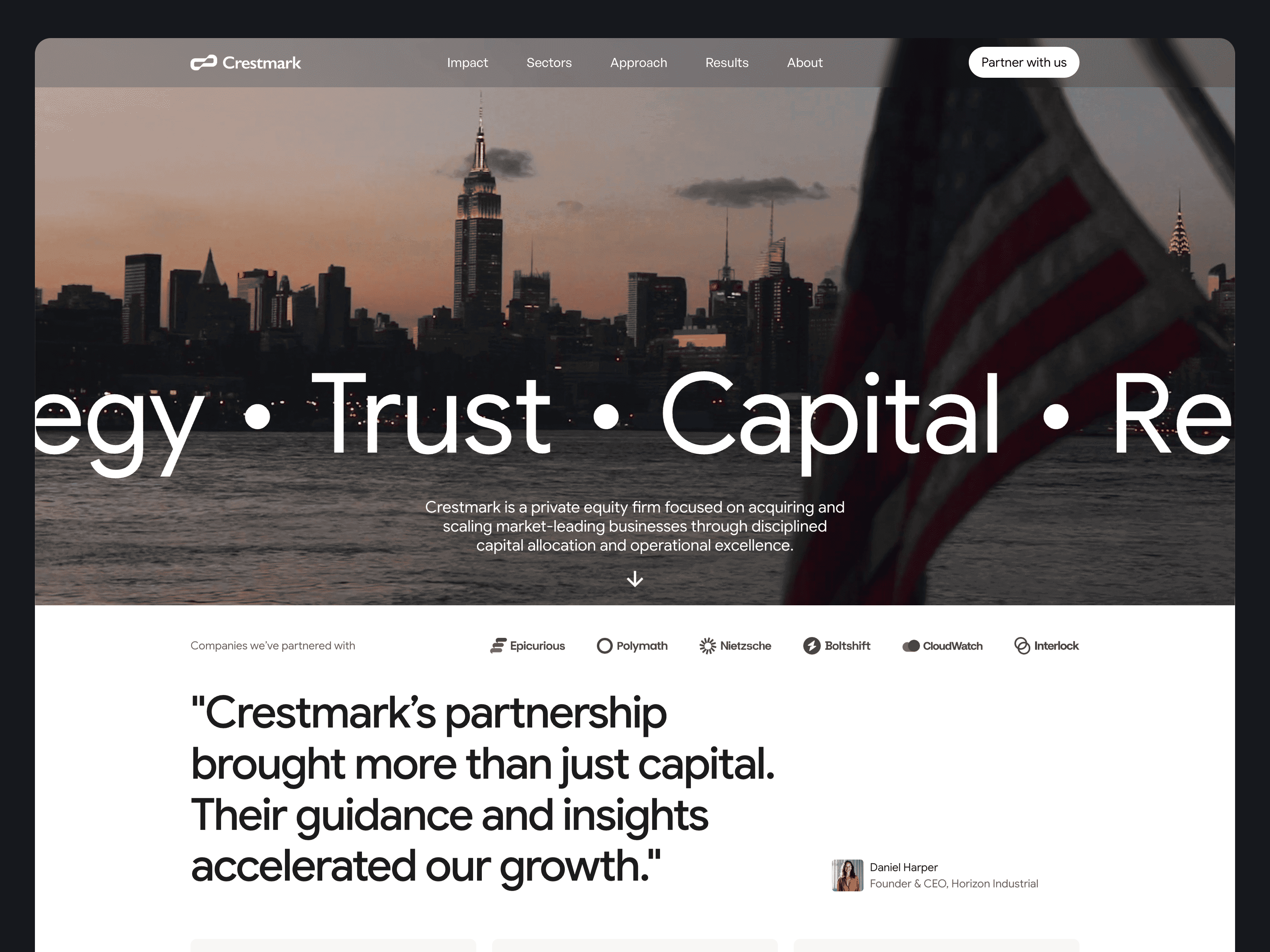 Crestmark Framer template thumbnail showcasing a dark, professional homepage layout for private equity, investment firms, and venture capital funds.