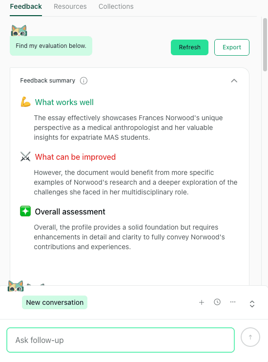 Chat with Theo in thesify showing the Ask follow-up box under the Feedback panel