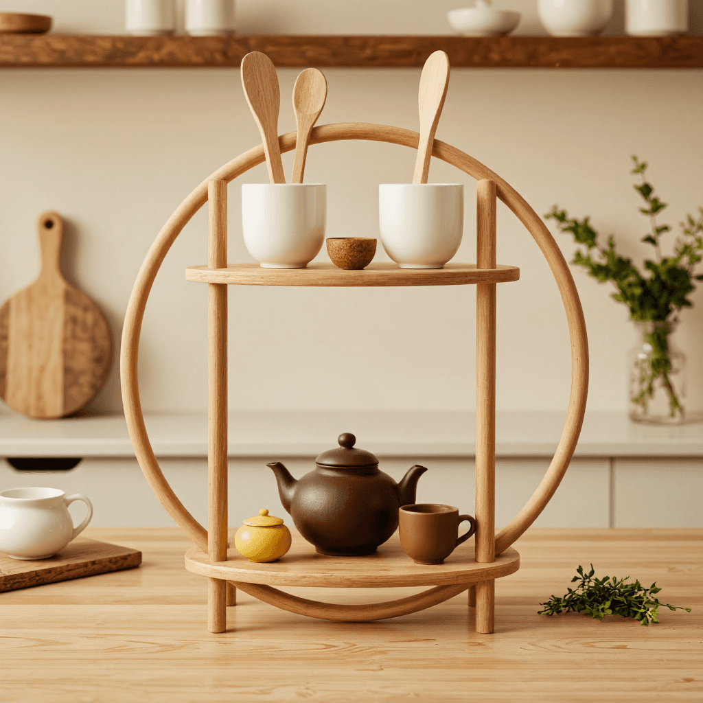 product photography of a decorative kitchen shelf with various containers and utensils