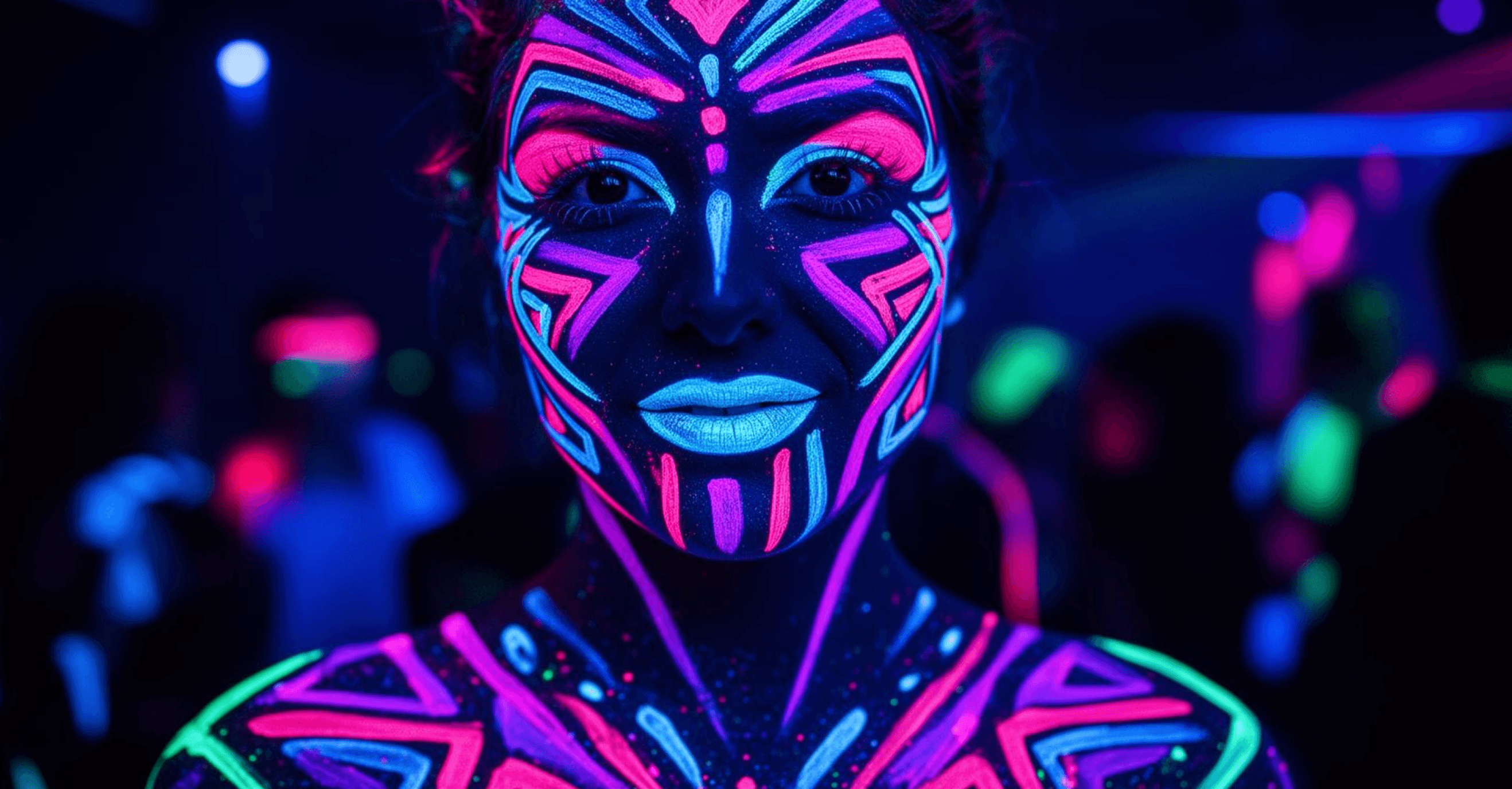 UV & Neon Glow Activation από τη Leily: Καινοτόμο face painting που φωσφορίζει κάτω από blacklight, ιδανικό για events με υψηλή ενέργεια και φουτουριστική αισθητική.