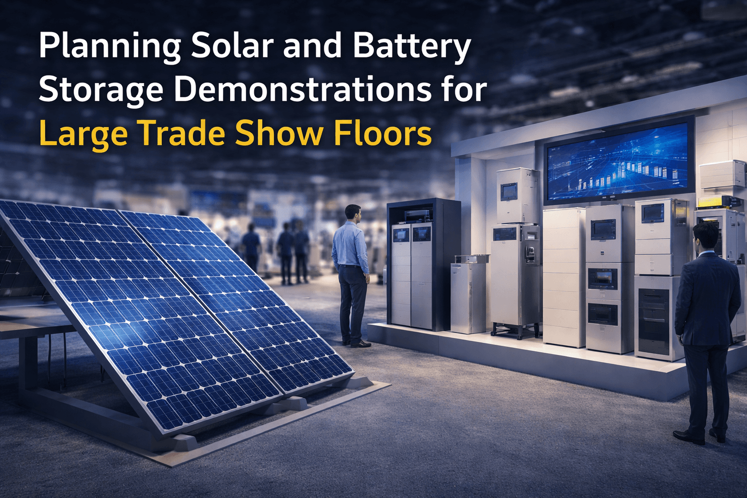 solar and battery storage trade show booth demonstration with large energy equipment displays and structured visitor flow