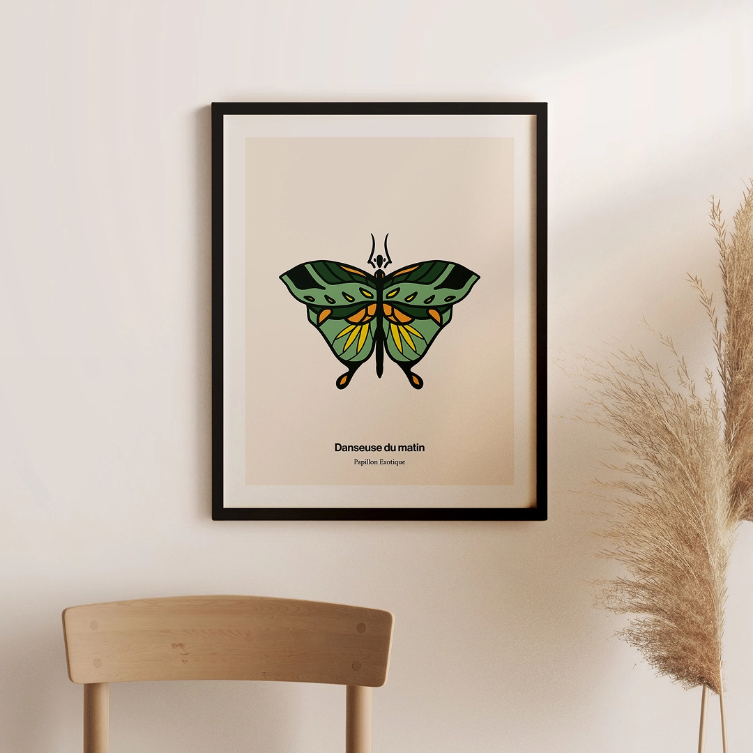 Small art print of a green butterfly in a mid-centry modern room.