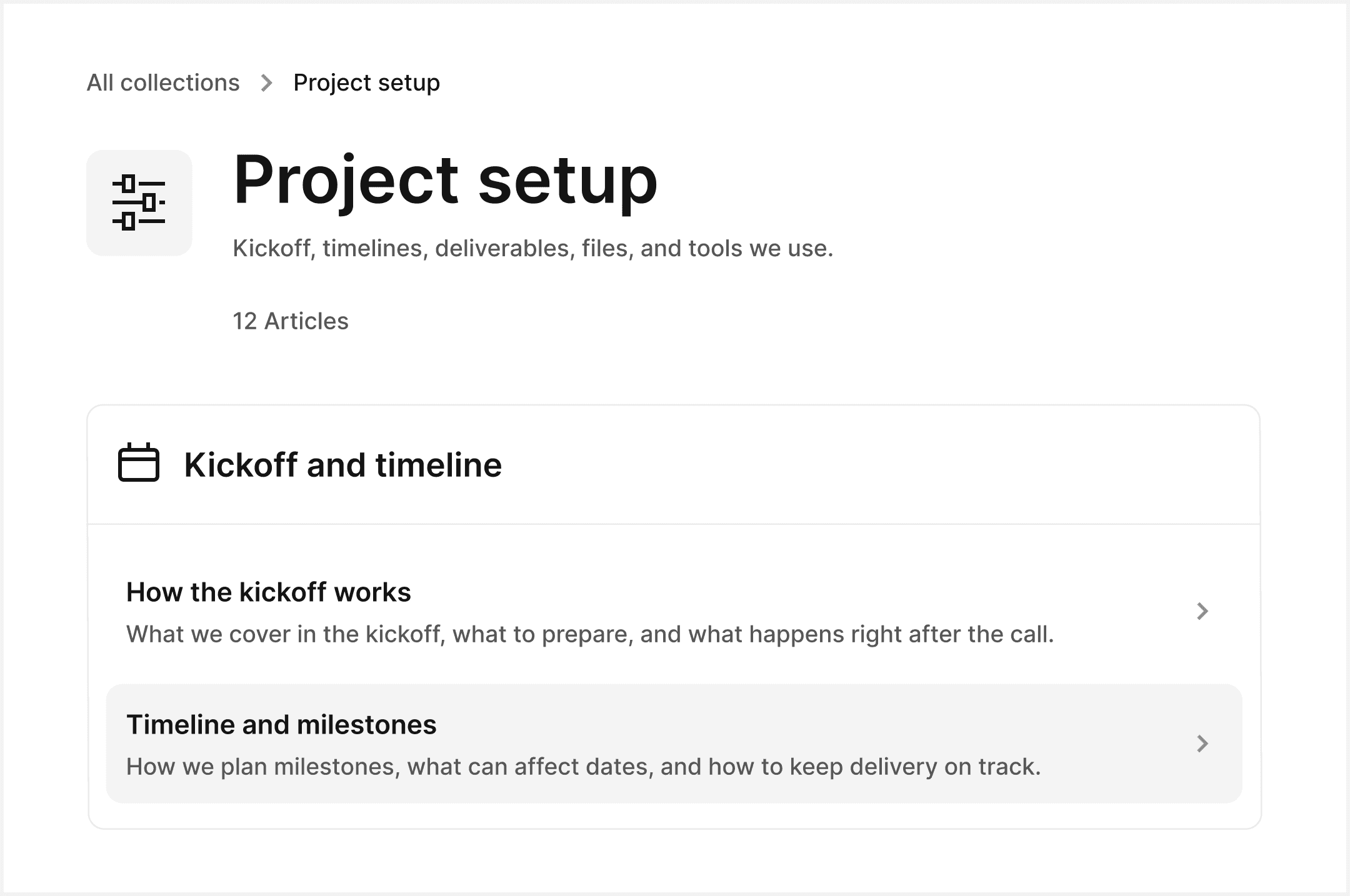 Agency help center section for project setup including kickoff timelines and project milestones documentation.