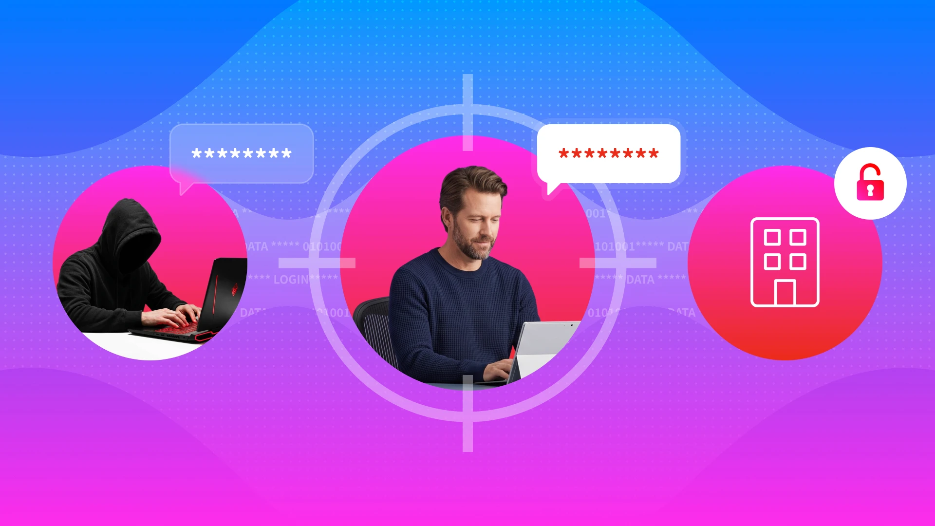 Illustration of personal attack vectors showing a hooded hacker targeting an individual professional to gain access to corporate supply chains.