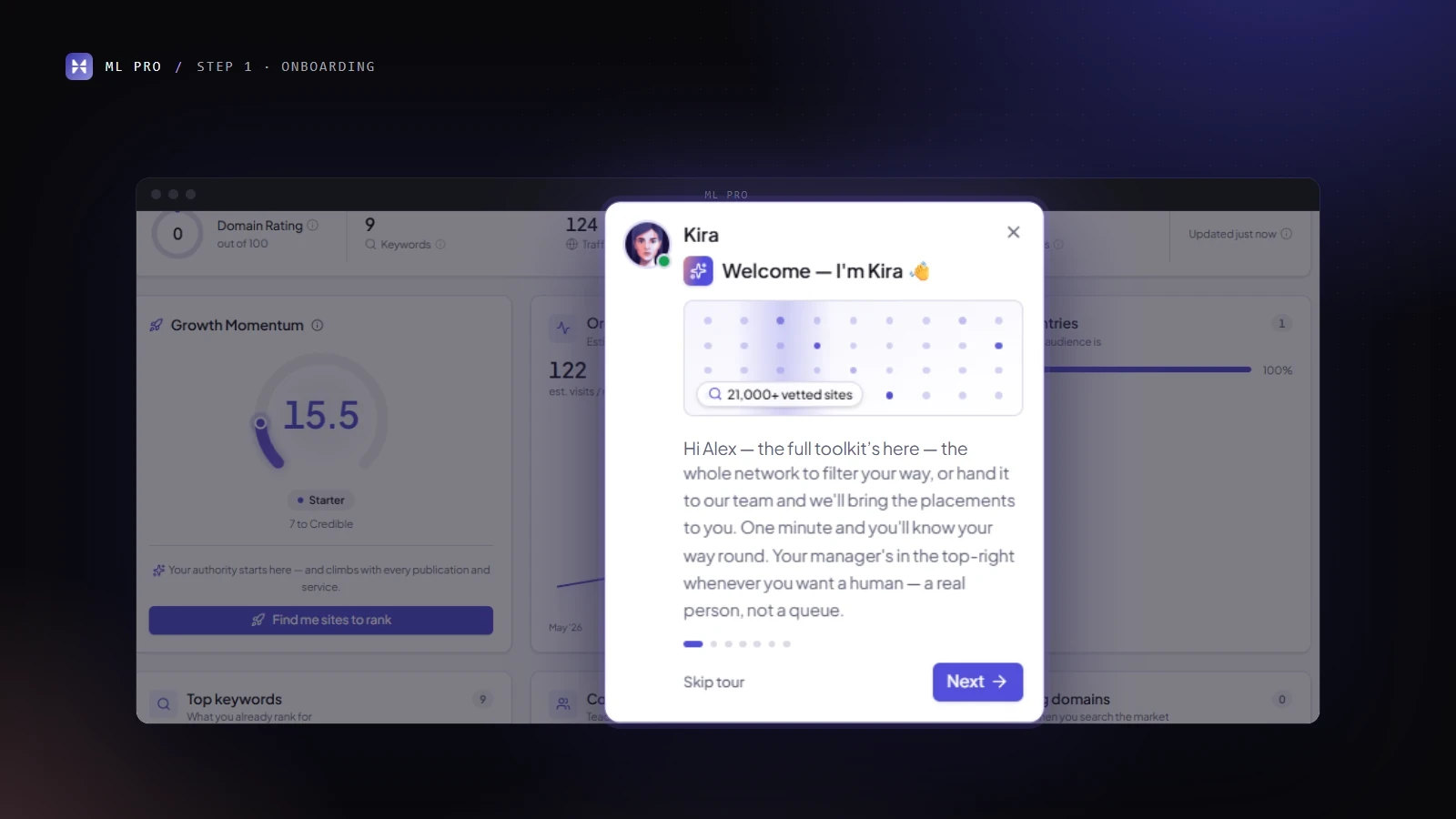 ML Pro onboarding: Kira, the AI concierge, welcomes a new user with a guided tour of the project dashboard