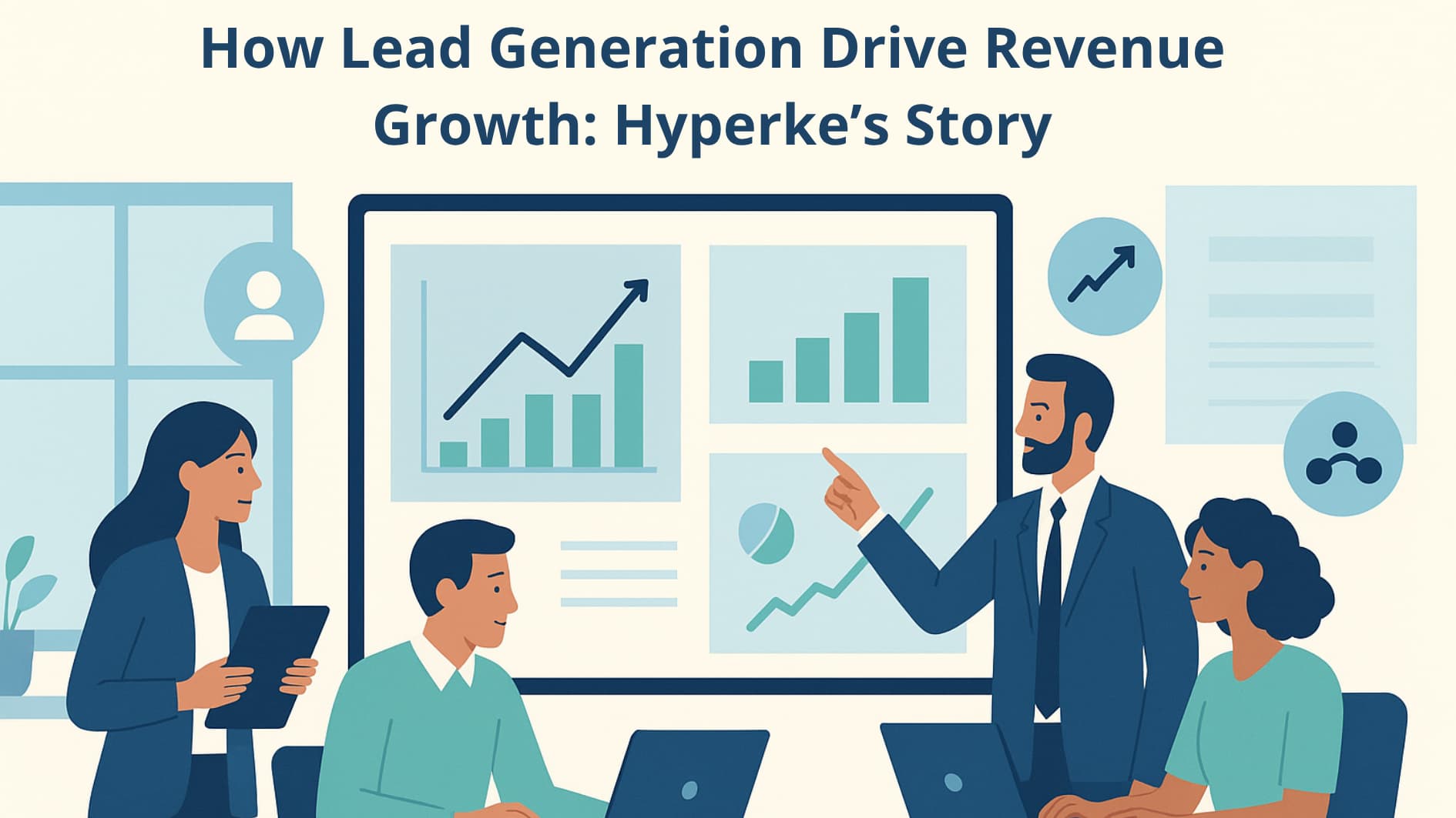 Illustration depicting a business presentation on how lead generation strategies can drive revenue growth, as told through the story of Hyperke.