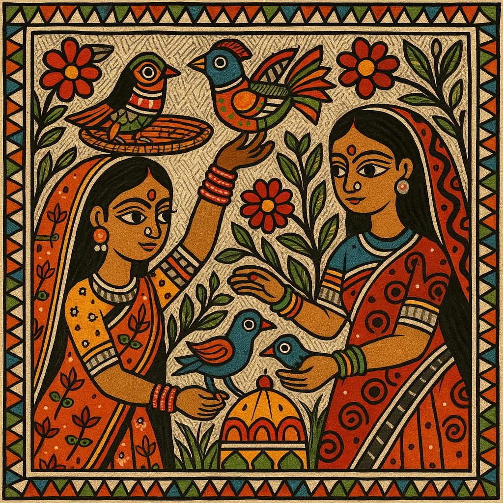 madubni painting, mithila village, women, bird figurines