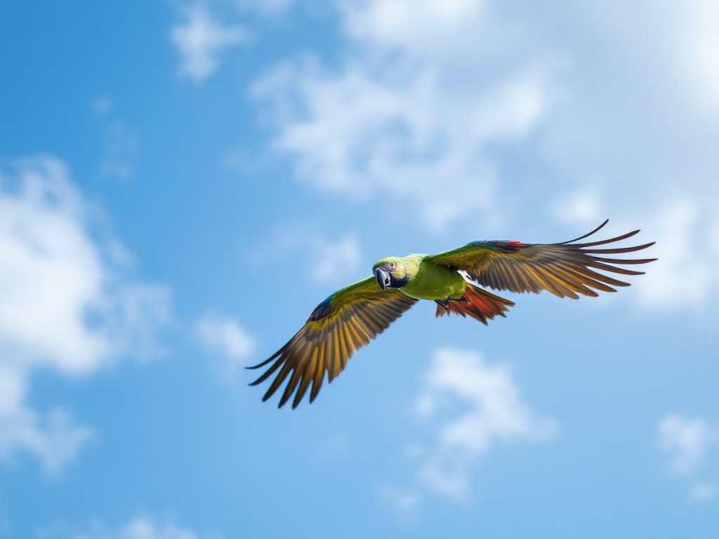 A green parrot flying in the sky