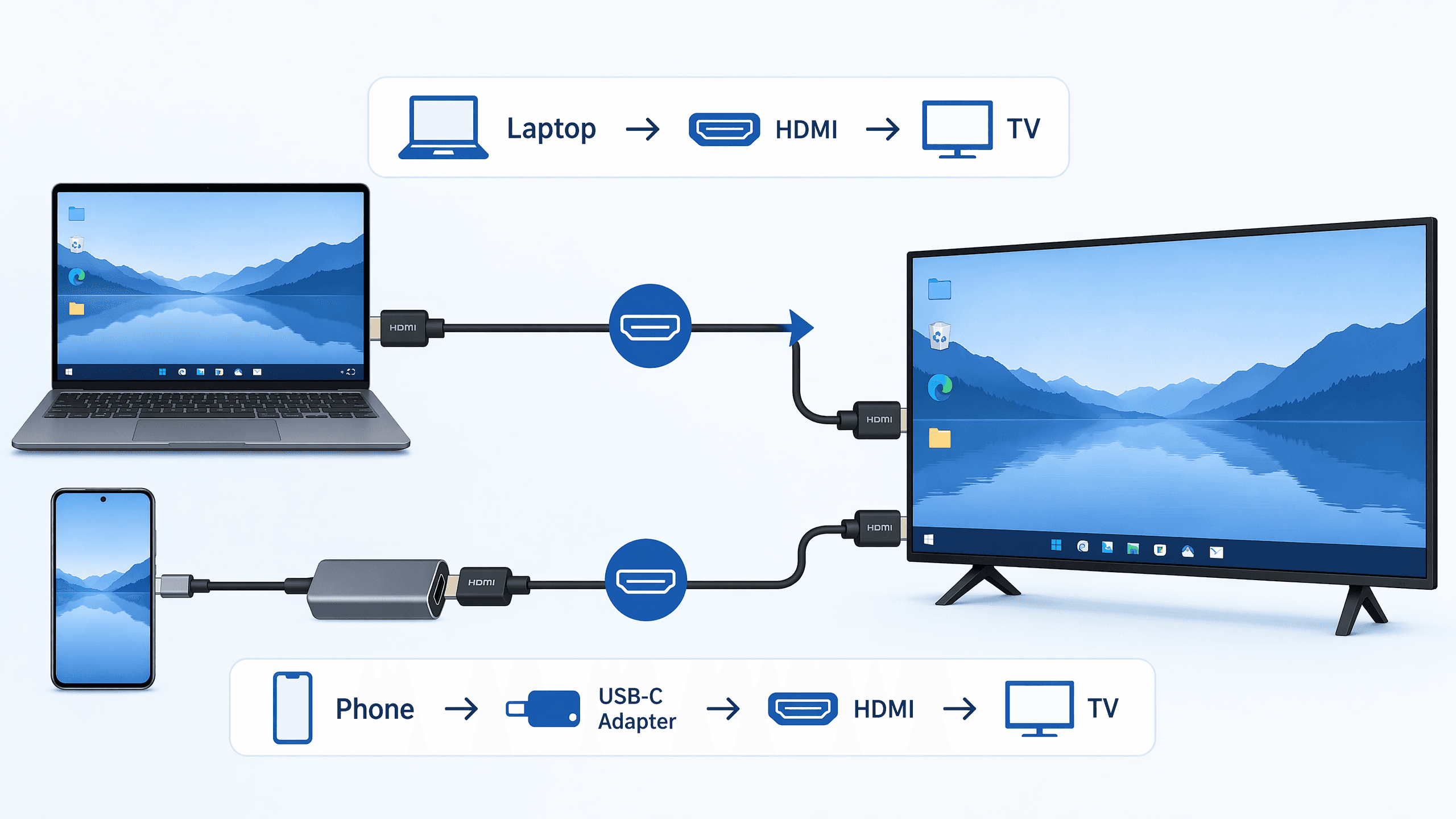 HDMI screen mirroring setup from laptop and phone to TV using cables and adapters