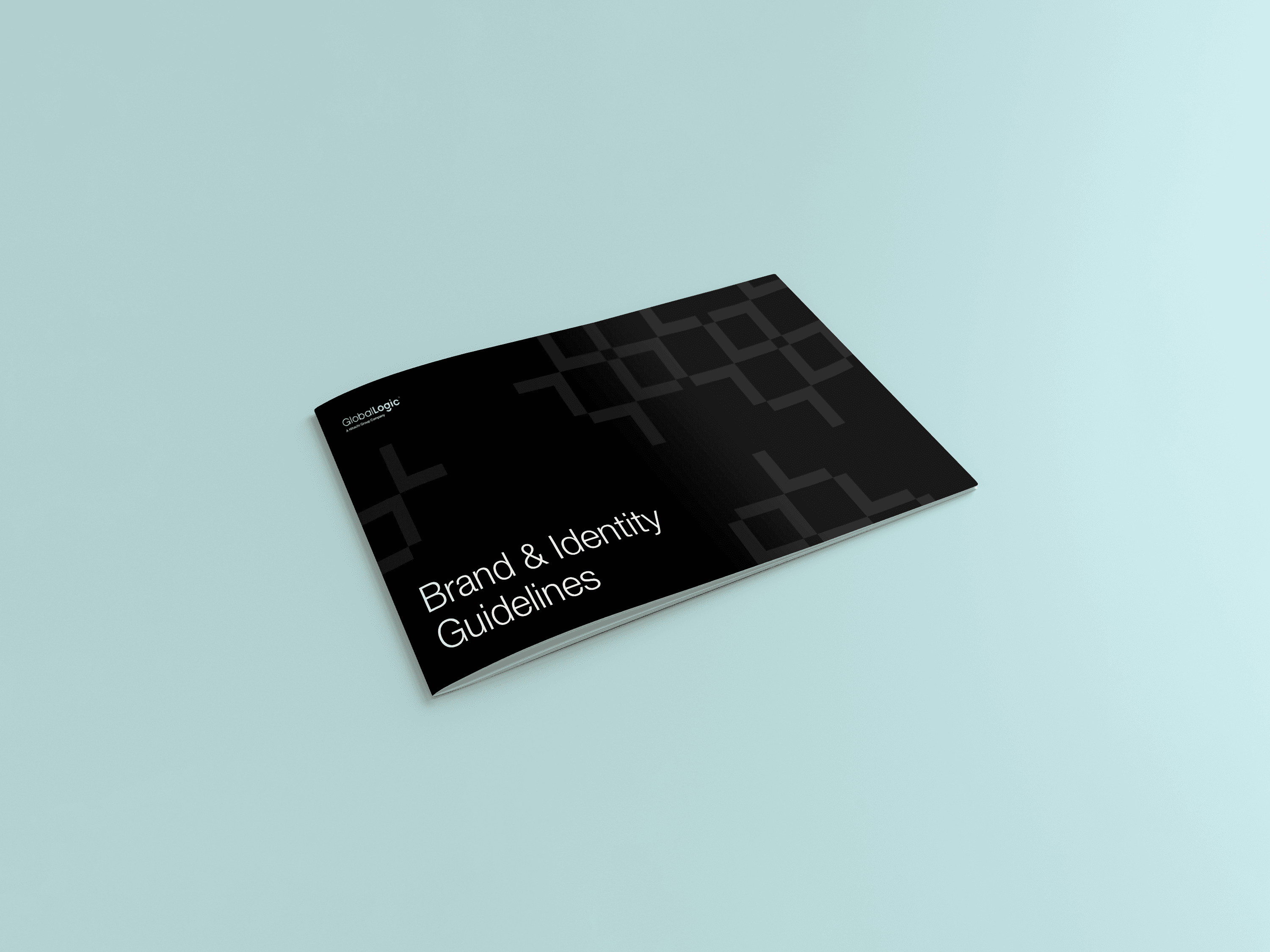 GlobalLogic brand and identity guidelines booklet presented on a light blue background.